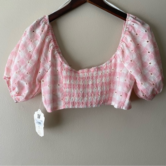 Altar'd State Gingham Crop Top Tie Front Puff Sleeve Eyelet Coquette NWT - Picture 2 of 8